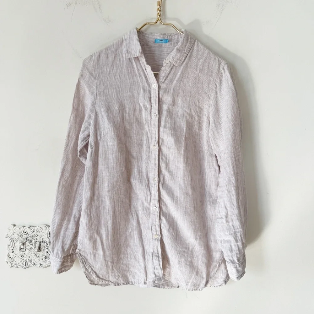 J. McLaughlin Tan and White Striped Britt Linen Button Down Shirt S - Picture 4 of 9